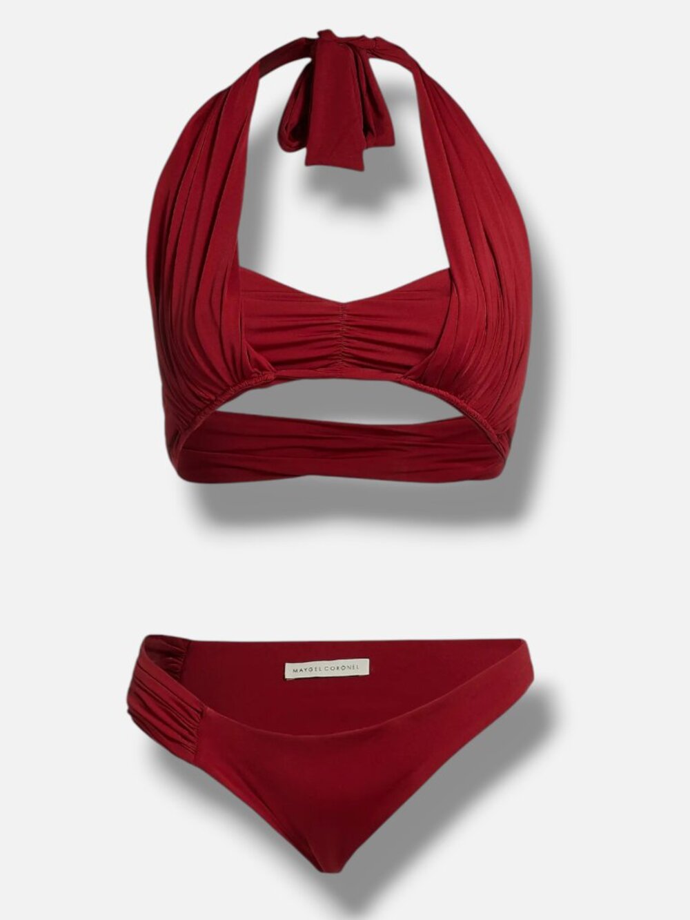 Maygel Coronel Women's Red Thalassa Ruched Halter Two-Piece Swimwear Size OS